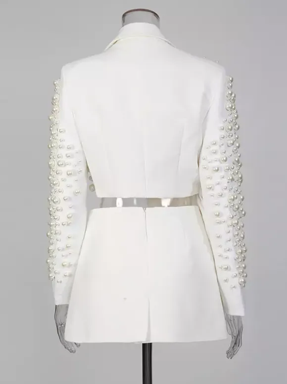 Pearl Beaded Blazer Skirt Set For Women - Sexy Asymmetric Hem Cut Out Mini 2 Piece Suit - Spring Night Out Party 2026