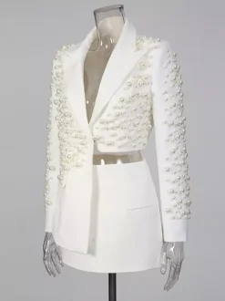 Pearl Beaded Blazer Skirt Set For Women - Sexy Asymmetric Hem Cut Out Mini 2 Piece Suit - Spring Night Out Party 2026