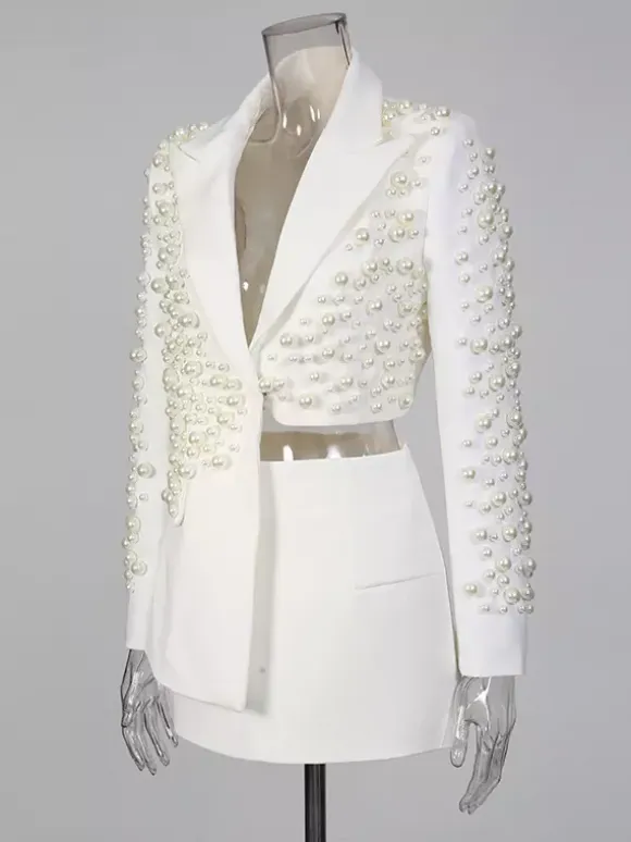 Pearl Beaded Blazer Skirt Set For Women - Sexy Asymmetric Hem Cut Out Mini 2 Piece Suit - Spring Night Out Party 2026