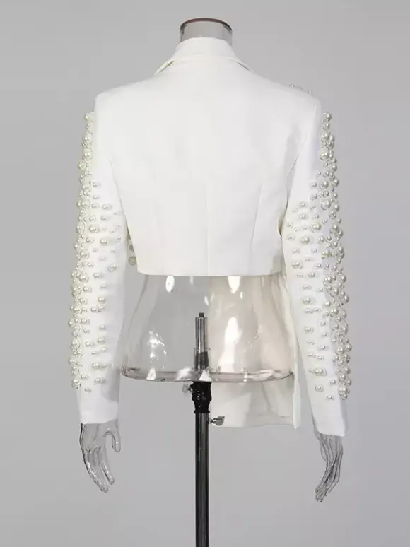 Pearl Beaded Blazer Skirt Set For Women - Sexy Asymmetric Hem Cut Out Mini 2 Piece Suit - Spring Night Out Party 2026