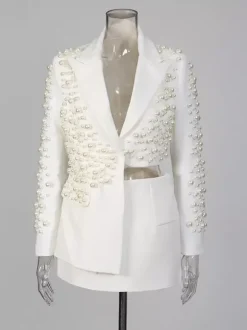 Pearl Beaded Blazer Skirt Set For Women - Sexy Asymmetric Hem Cut Out Mini 2 Piece Suit - Spring Night Out Party 2026