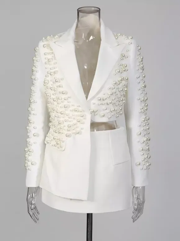 Pearl Beaded Blazer Skirt Set For Women - Sexy Asymmetric Hem Cut Out Mini 2 Piece Suit - Spring Night Out Party 2026