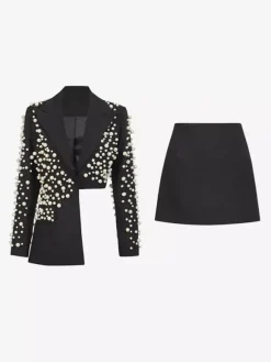 Pearl Beaded Blazer Skirt Set For Women - Sexy Asymmetric Hem Cut Out Mini 2 Piece Suit - Spring Night Out Party 2026