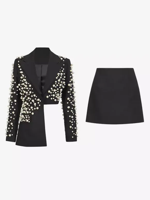 Pearl Beaded Blazer Skirt Set For Women - Sexy Asymmetric Hem Cut Out Mini 2 Piece Suit - Spring Night Out Party 2026