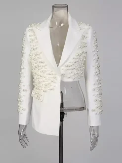 Pearl Beaded Blazer Skirt Set For Women - Sexy Asymmetric Hem Cut Out Mini 2 Piece Suit - Spring Night Out Party 2026