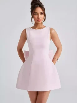 Pearl Cocktail Dress With Bow Sleeveless A-line Backless Birthday Party Mini Dress For Women 2026