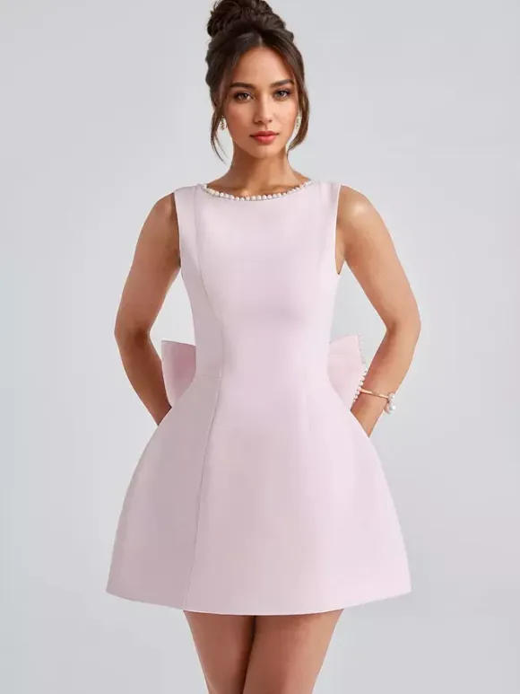 Pearl Cocktail Dress With Bow Sleeveless A-line Backless Birthday Party Mini Dress For Women 2026