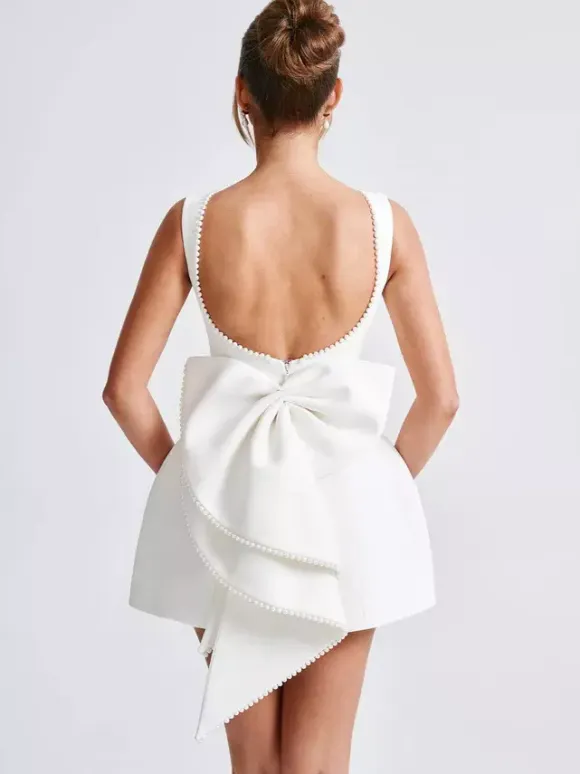 Pearl Cocktail Dress With Bow Sleeveless A-line Backless Birthday Party Mini Dress For Women 2026