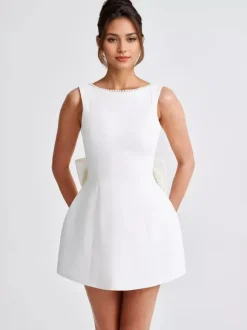 Pearl Cocktail Dress With Bow Sleeveless A-line Backless Birthday Party Mini Dress For Women 2026