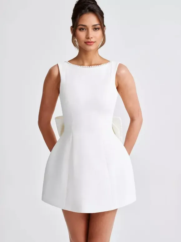 Pearl Cocktail Dress With Bow Sleeveless A-line Backless Birthday Party Mini Dress For Women 2026