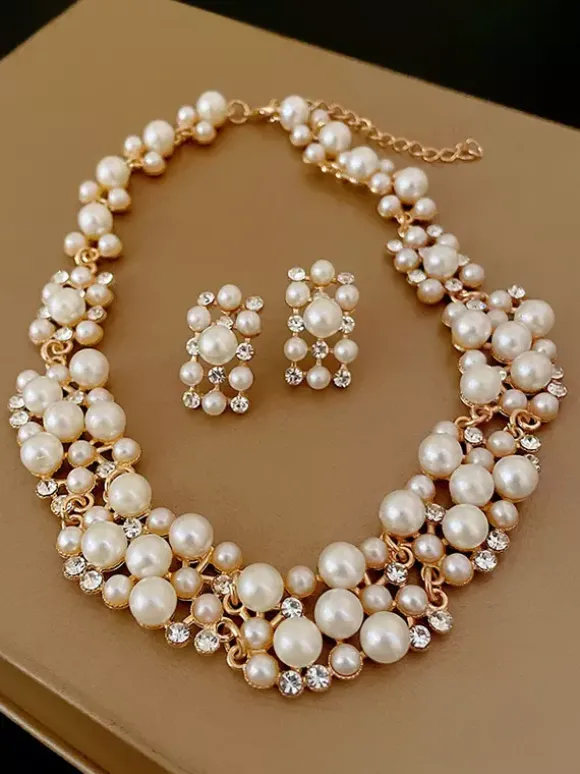 Pearls Rhinestones Vintage Jewelry Necklace Earrings Set For Vintage Dress