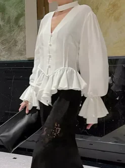 Peplum Blouse Women's Elegant White Top - Halter V Neck Lantern Sleeve Slim Fit - Spring Desk-to-Dinner 2026