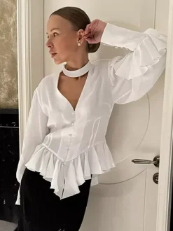 Peplum Blouse Women's Elegant White Top - Halter V Neck Lantern Sleeve Slim Fit - Spring Desk-to-Dinner 2026