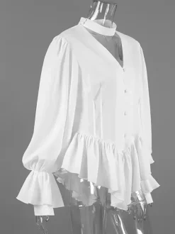 Peplum Blouse Women's Elegant White Top - Halter V Neck Lantern Sleeve Slim Fit - Spring Desk-to-Dinner 2026