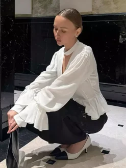 Peplum Blouse Women's Elegant White Top - Halter V Neck Lantern Sleeve Slim Fit - Spring Desk-to-Dinner 2026