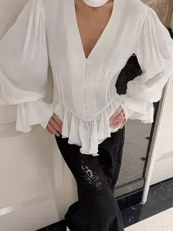 Peplum Blouse Women's Elegant White Top - Halter V Neck Lantern Sleeve Slim Fit - Spring Desk-to-Dinner 2026