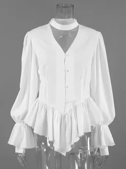 Peplum Blouse Women's Elegant White Top - Halter V Neck Lantern Sleeve Slim Fit - Spring Desk-to-Dinner 2026