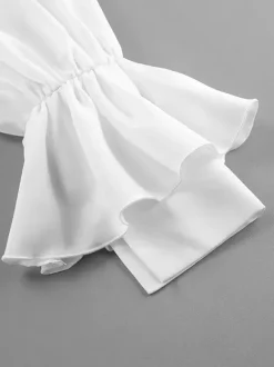 Peplum Blouse Women's Elegant White Top - Halter V Neck Lantern Sleeve Slim Fit - Spring Desk-to-Dinner 2026