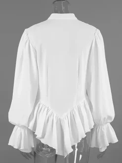 Peplum Blouse Women's Elegant White Top - Halter V Neck Lantern Sleeve Slim Fit - Spring Desk-to-Dinner 2026