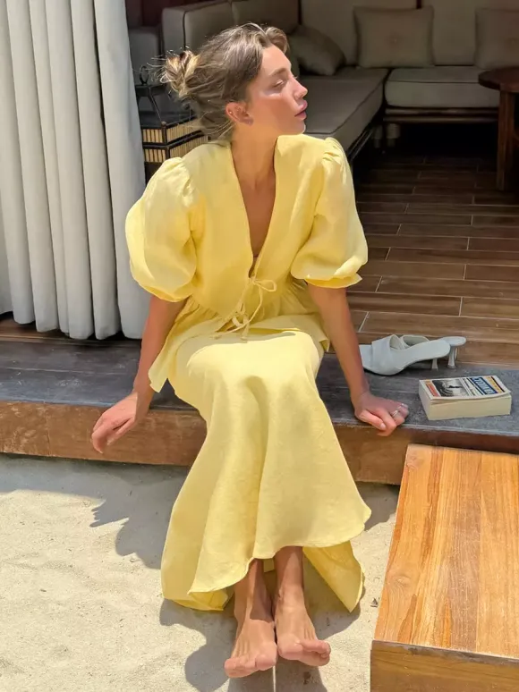 Peplum Top Maxi Skirt Set Women Elegant Two Piece Outfit - Yellow French Tie Front Puff Sleeve - Summer Beach Vacation 2026