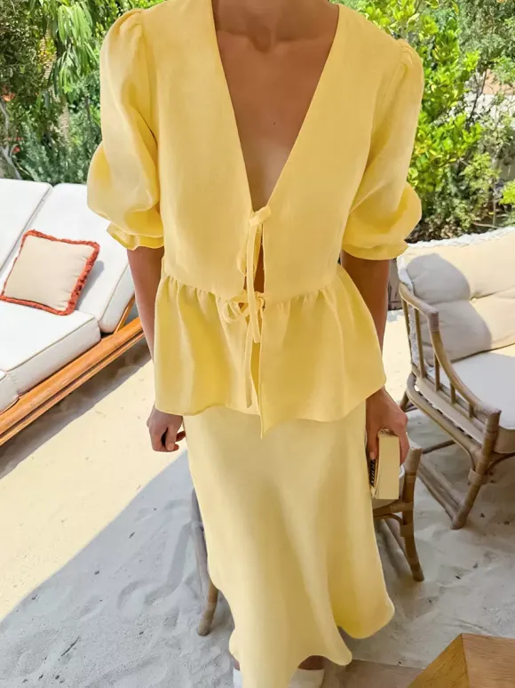 Peplum Top Maxi Skirt Set Women Elegant Two Piece Outfit - Yellow French Tie Front Puff Sleeve - Summer Beach Vacation 2026
