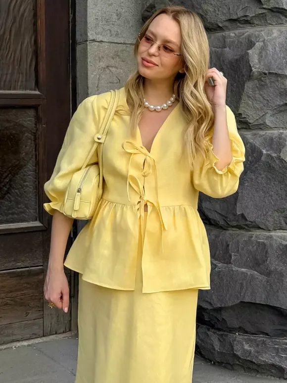Peplum Top Maxi Skirt Set Women Elegant Two Piece Outfit - Yellow French Tie Front Puff Sleeve - Summer Beach Vacation 2026