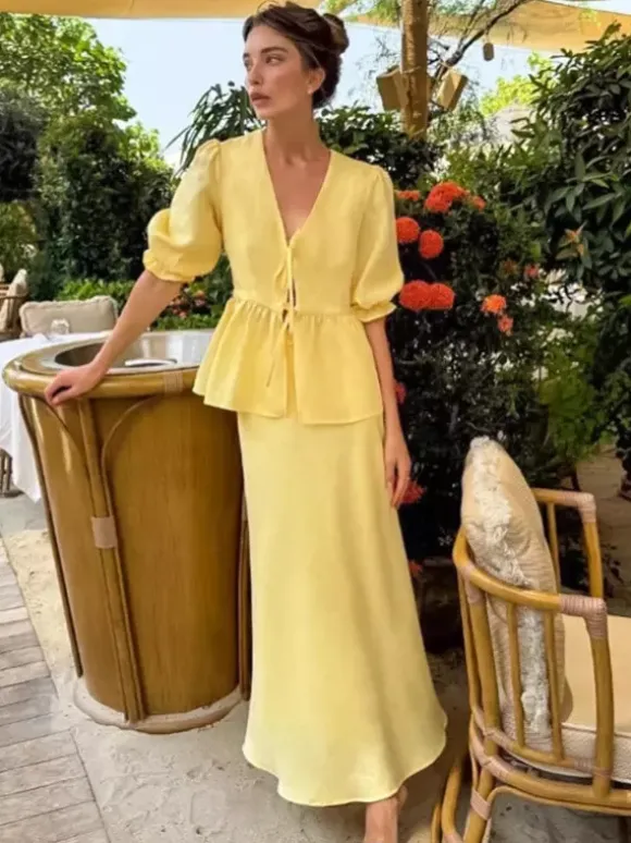 Peplum Top Maxi Skirt Set Women Elegant Two Piece Outfit - Yellow French Tie Front Puff Sleeve - Summer Beach Vacation 2026