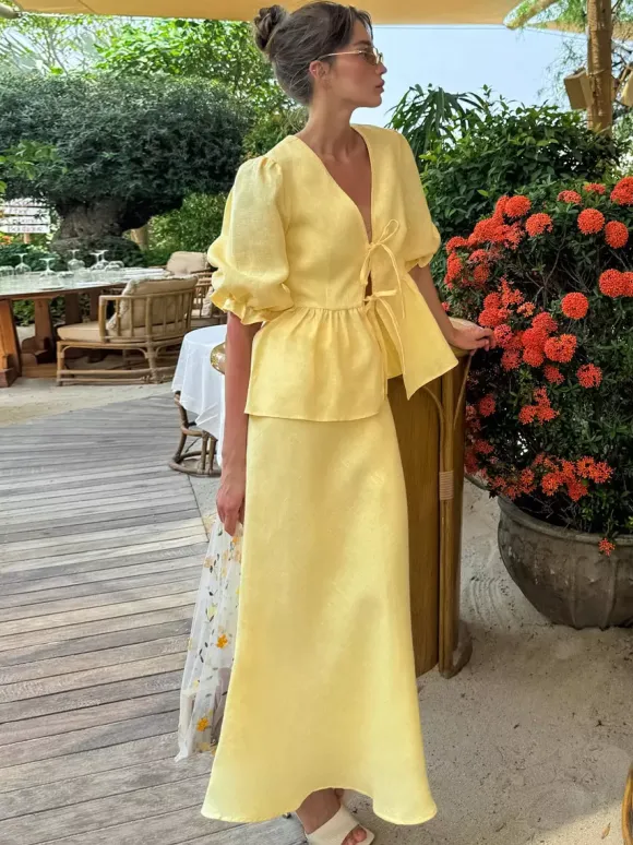 Peplum Top Maxi Skirt Set Women Elegant Two Piece Outfit - Yellow French Tie Front Puff Sleeve - Summer Beach Vacation 2026