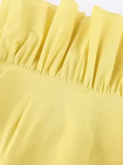 Peplum Top Maxi Skirt Set Women Elegant Two Piece Outfit - Yellow French Tie Front Puff Sleeve - Summer Beach Vacation 2026