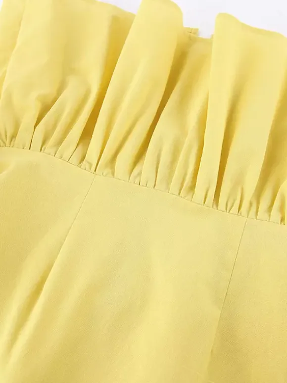 Peplum Top Maxi Skirt Set Women Elegant Two Piece Outfit - Yellow French Tie Front Puff Sleeve - Summer Beach Vacation 2026