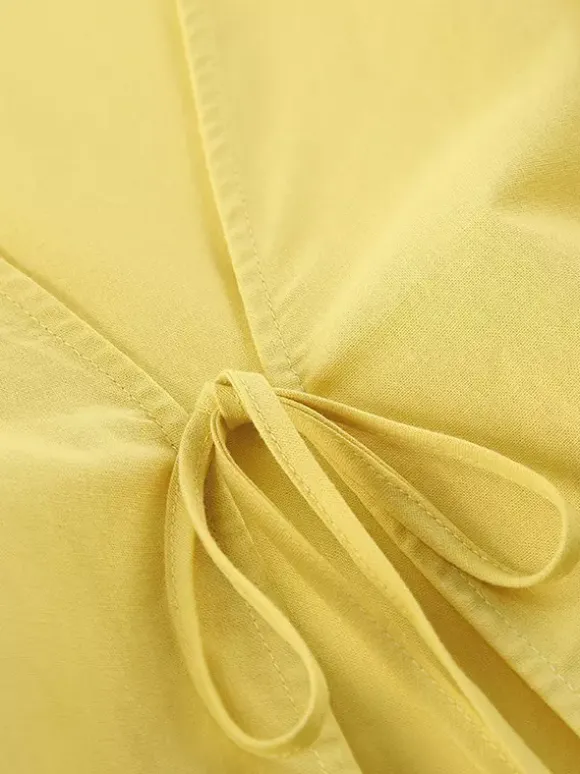 Peplum Top Maxi Skirt Set Women Elegant Two Piece Outfit - Yellow French Tie Front Puff Sleeve - Summer Beach Vacation 2026