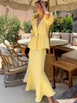 Peplum Top Maxi Skirt Set Women Elegant Two Piece Outfit - Yellow French Tie Front Puff Sleeve - Summer Beach Vacation 2026