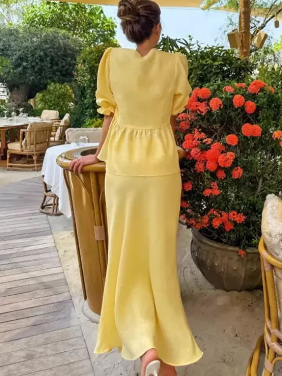 Peplum Top Maxi Skirt Set Women Elegant Two Piece Outfit - Yellow French Tie Front Puff Sleeve - Summer Beach Vacation 2026
