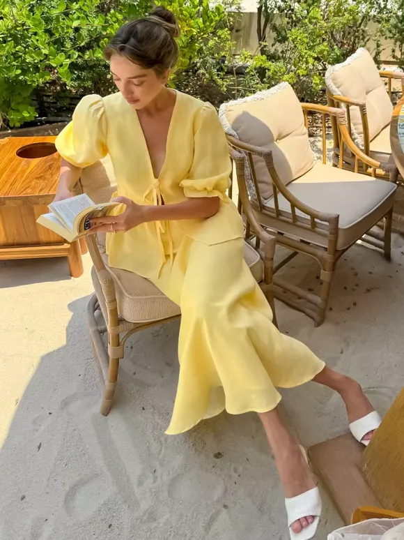 Peplum Top Maxi Skirt Set Women Elegant Two Piece Outfit - Yellow French Tie Front Puff Sleeve - Summer Beach Vacation 2026