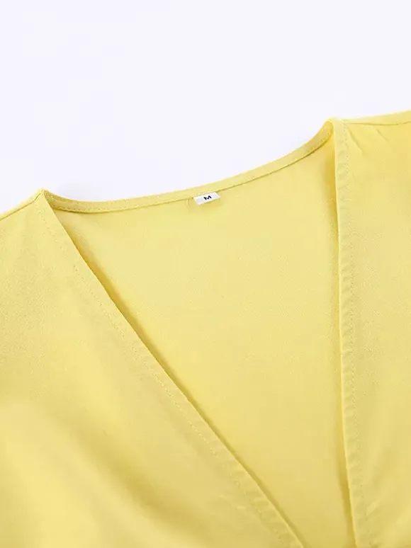 Peplum Top Maxi Skirt Set Women Elegant Two Piece Outfit - Yellow French Tie Front Puff Sleeve - Summer Beach Vacation 2026