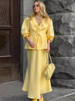 Peplum Top Maxi Skirt Set Women Elegant Two Piece Outfit - Yellow French Tie Front Puff Sleeve - Summer Beach Vacation 2026