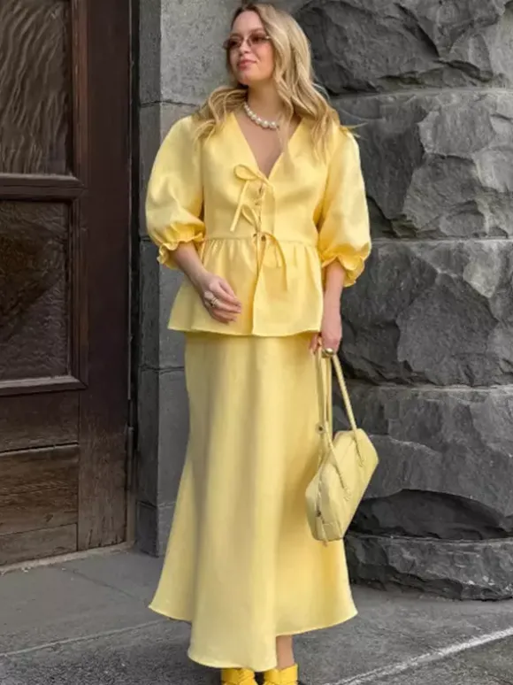 Peplum Top Maxi Skirt Set Women Elegant Two Piece Outfit - Yellow French Tie Front Puff Sleeve - Summer Beach Vacation 2026