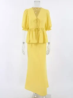 Peplum Top Maxi Skirt Set Women Elegant Two Piece Outfit - Yellow French Tie Front Puff Sleeve - Summer Beach Vacation 2026