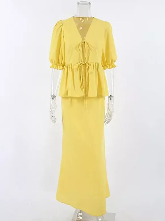 Peplum Top Maxi Skirt Set Women Elegant Two Piece Outfit - Yellow French Tie Front Puff Sleeve - Summer Beach Vacation 2026