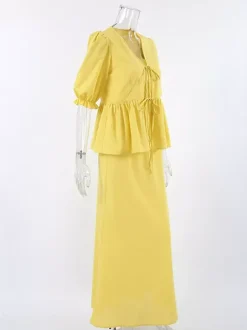 Peplum Top Maxi Skirt Set Women Elegant Two Piece Outfit - Yellow French Tie Front Puff Sleeve - Summer Beach Vacation 2026
