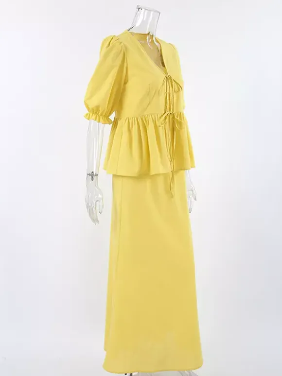 Peplum Top Maxi Skirt Set Women Elegant Two Piece Outfit - Yellow French Tie Front Puff Sleeve - Summer Beach Vacation 2026