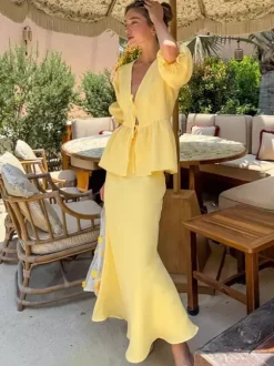 Peplum Top Maxi Skirt Set Women Elegant Two Piece Outfit - Yellow French Tie Front Puff Sleeve - Summer Beach Vacation 2026