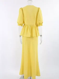 Peplum Top Maxi Skirt Set Women Elegant Two Piece Outfit - Yellow French Tie Front Puff Sleeve - Summer Beach Vacation 2026