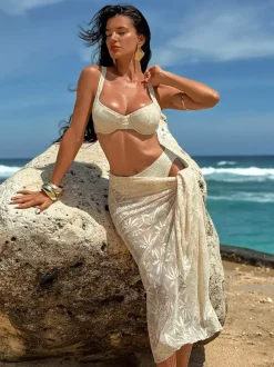 3-Piece Leaf Crochet Lace Bikini With Sarong Wrap Skirt