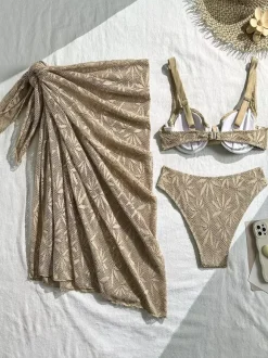 3-Piece Leaf Crochet Lace Bikini With Sarong Wrap Skirt
