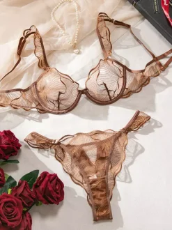 2-Piece Lingerie Burgundy Brown Floral Lace Scalloped Trim Bra Panty Sets