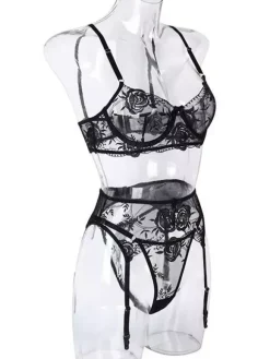 3-Piece Lingerie Embroidered Black Women Bra Panty Set