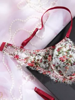 2-Piece Lingerie Floral Print Shaping Lace Red Bra Panty Sets