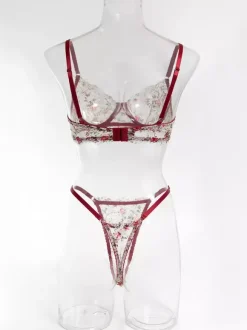 2-Piece Lingerie Floral Print Shaping Lace Red Bra Panty Sets
