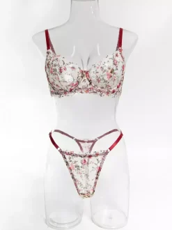 2-Piece Lingerie Floral Print Shaping Lace Red Bra Panty Sets